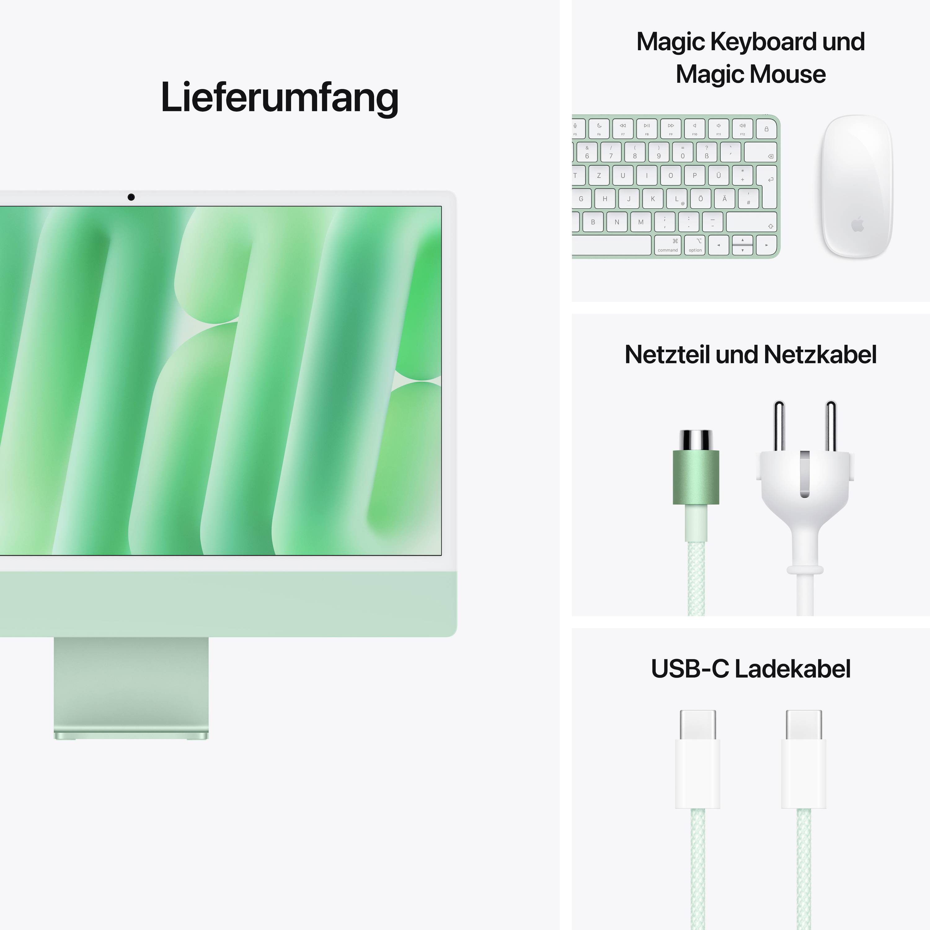 'Lieferumfang eines Computers: Bildschirm, Magic Keyboard, Maus, Netzteil, Netzkabel, USB-C Ladekabel.'