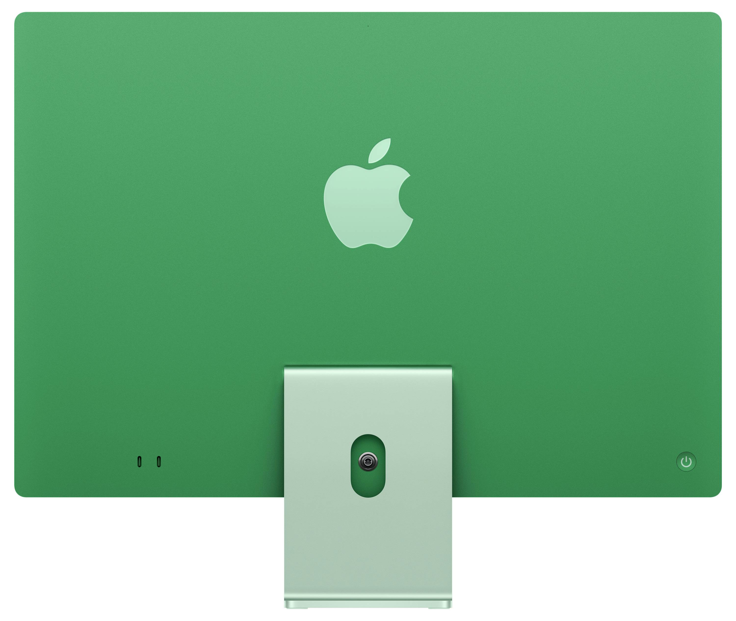 Ein grüner Computerbildschirm von hinten, mit einem Apfellogo in der Mitte des Gehäuses.