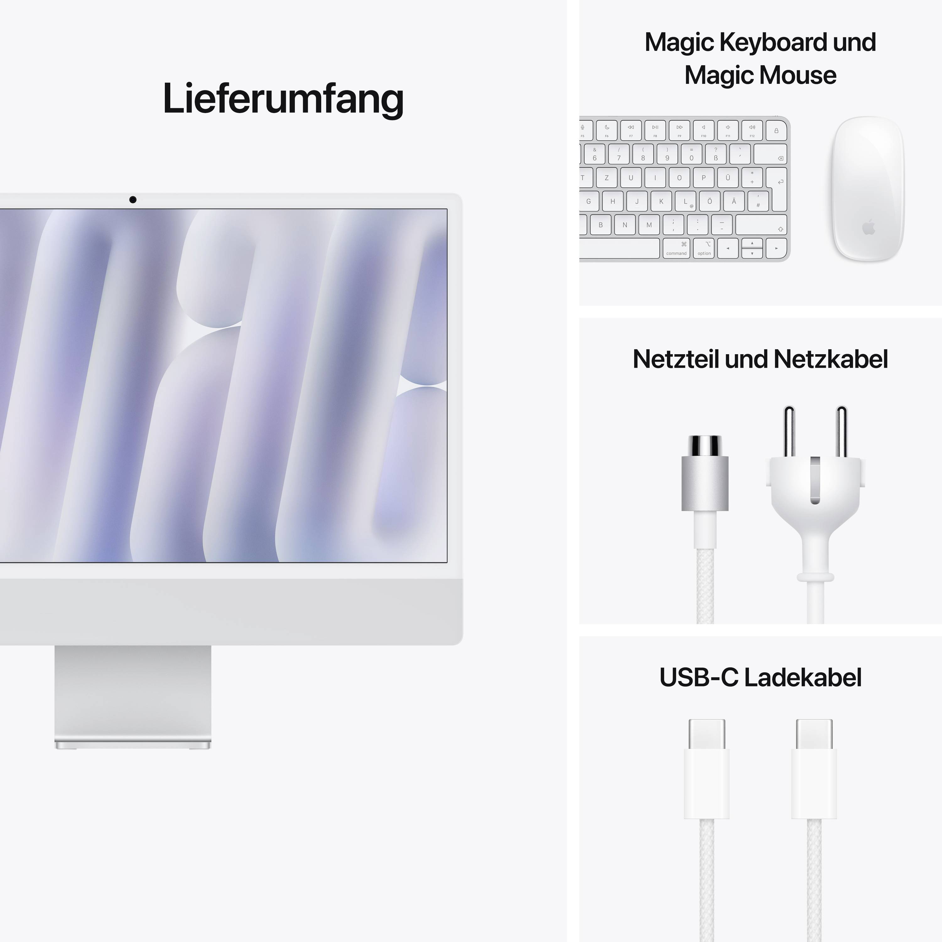 'Lieferumfang' eines Computers: Bildschirm, Magic Keyboard, Magic Mouse, Netzteil mit Kabel, USB-C Ladekabel.