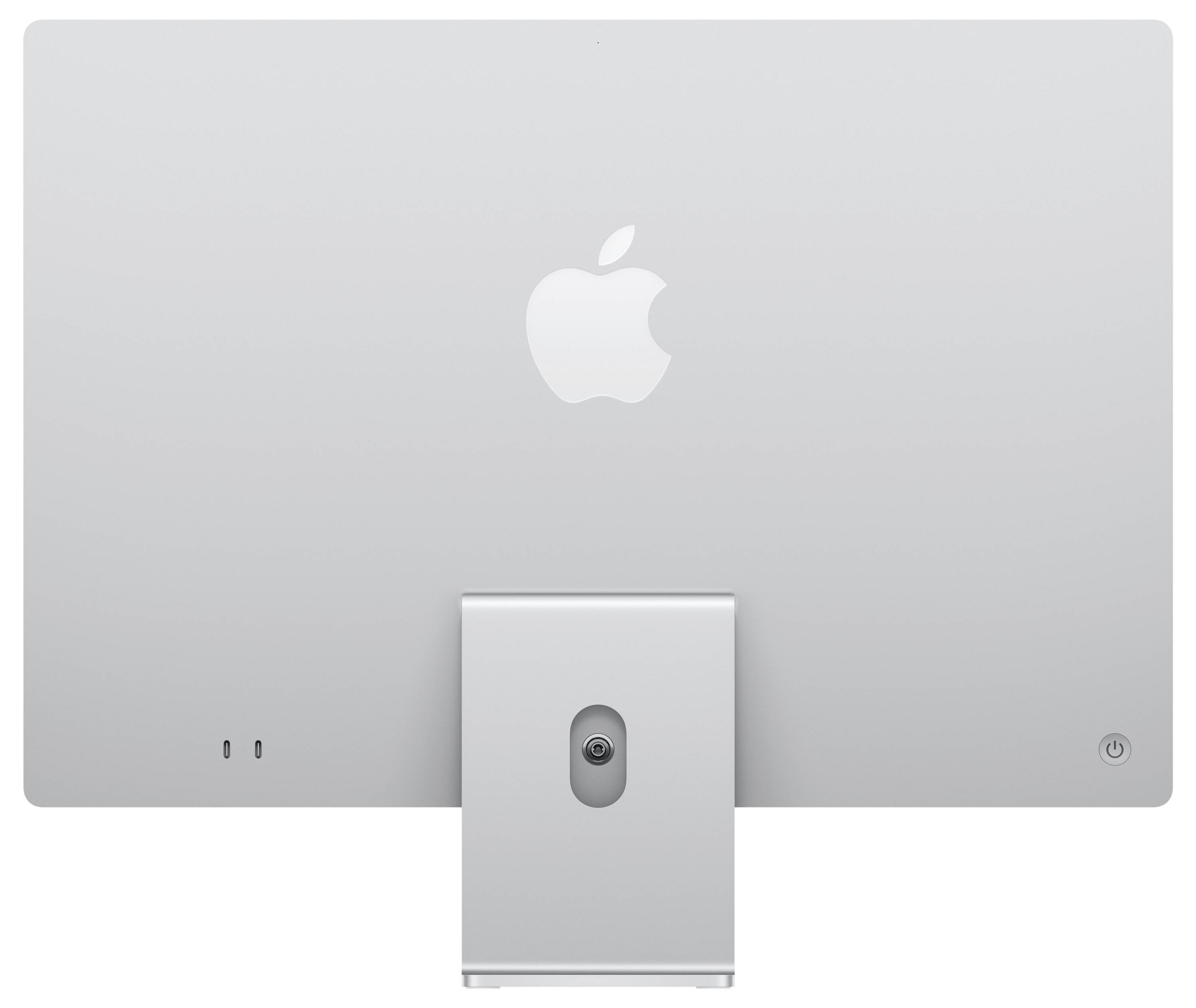 Ein silberner Computermonitor mit schmalem Rahmen und Apple-Logo auf der Rückseite, ohne sichtbaren Bildschirm.