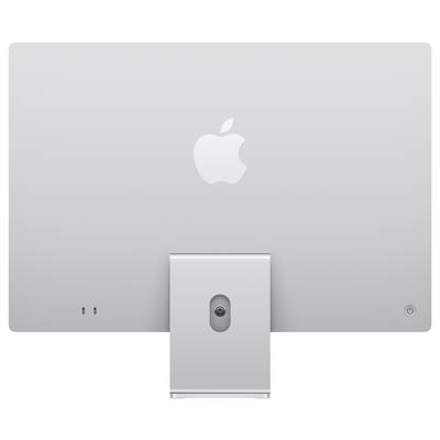 Ein silberner Computermonitor mit schmalem Rahmen und Apple-Logo auf der Rückseite, ohne sichtbaren Bildschirm.