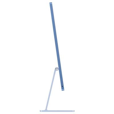 Ein blauer Bildschirm steht seitlich auf einem schlanken, modernen Standfuß. Minimalistisches Design, technologisch fortschrittlich.