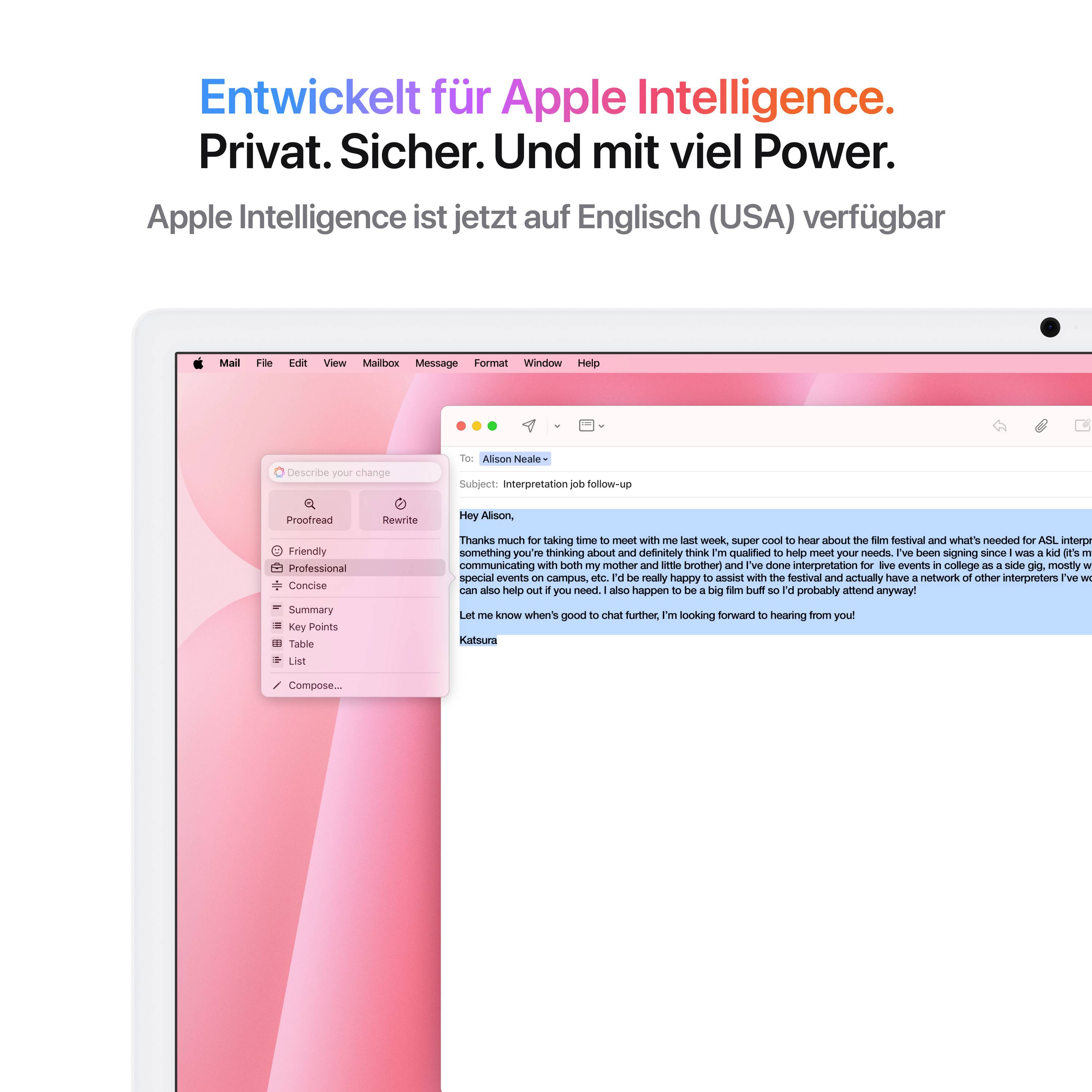 Ein Computerbildschirm zeigt eine E-Mail-Anwendung mit hervorgehobenen Menüs und einer Nachricht. Text oben: 'Entwickelt für Apple Intelligence. Privat. Sicher.'