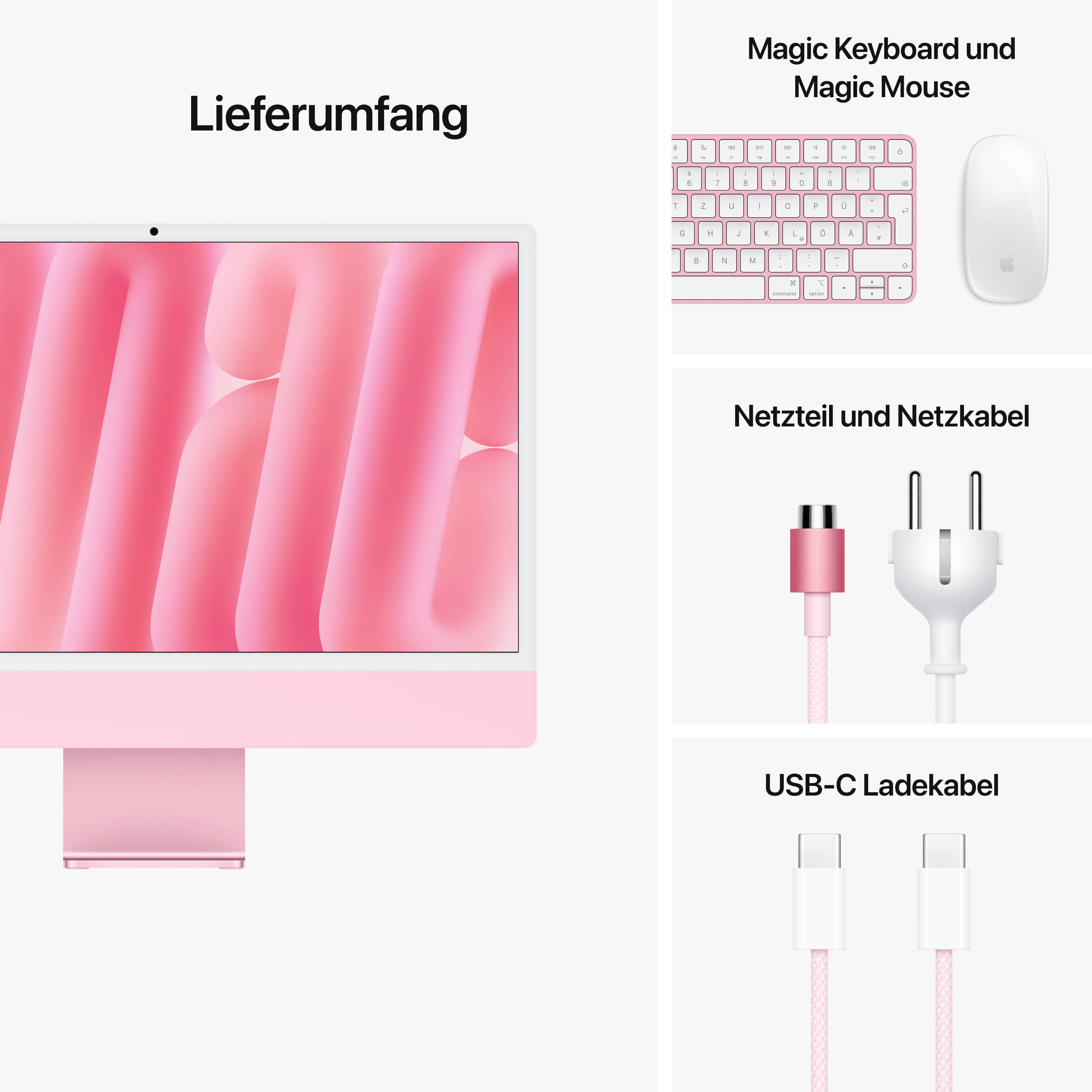 'Lieferumfang' eines Computers in Rosa mit 'Magic Keyboard und Magic Mouse', Netzteil, Netzkabel und USB-C Ladekabel abgebildet.