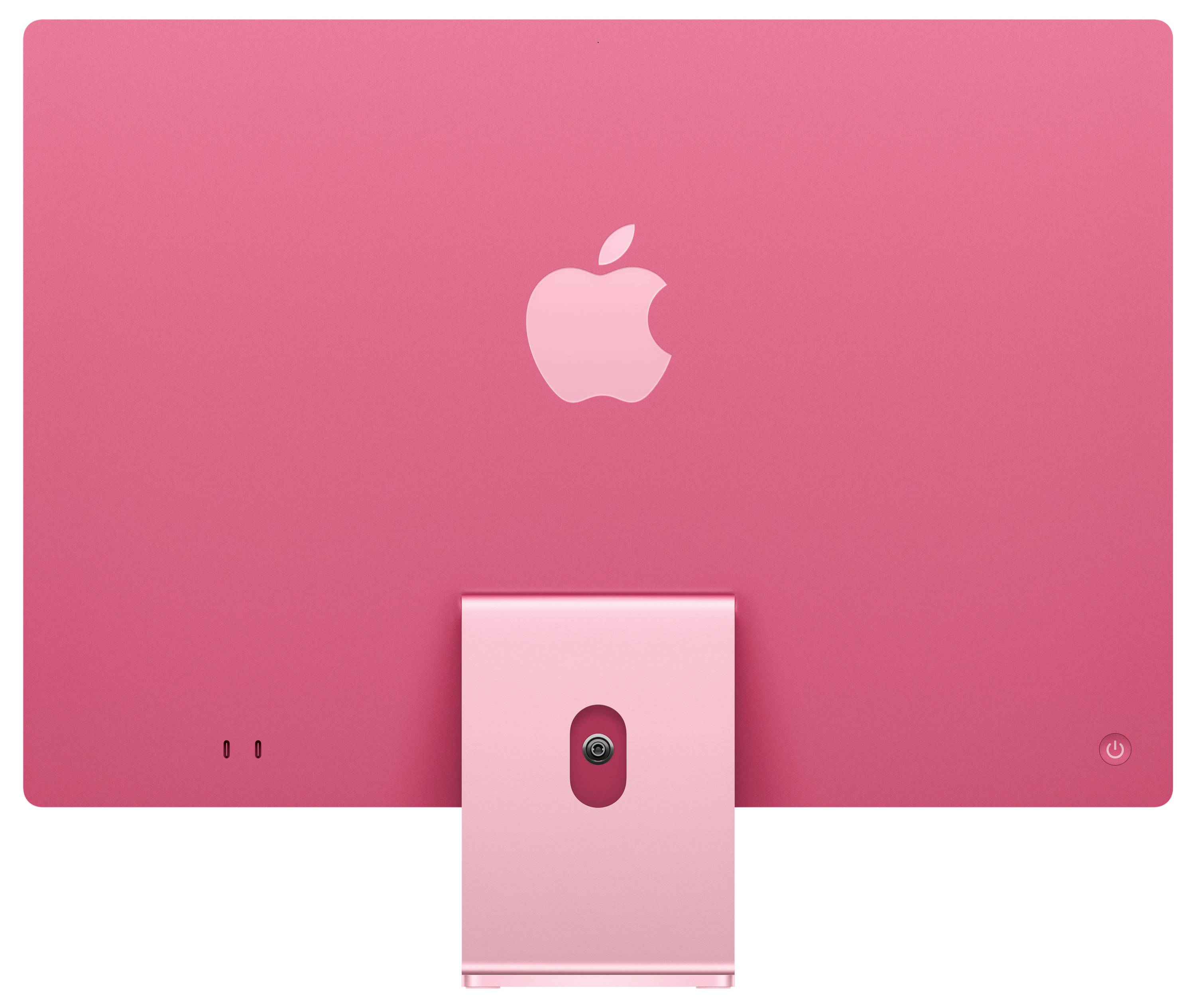 Rückansicht eines pinken Desktop-Computers mit einem großen Apfel-Logo in der Mitte. 