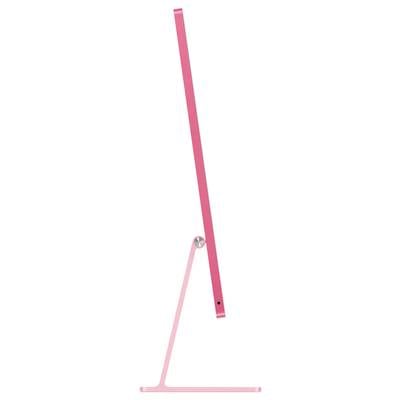 Ein dünner, rosa Computerbildschirm in seitlicher Ansicht, auf einem schmalen Standfuß stehend. Modernes und minimalistisches Design.