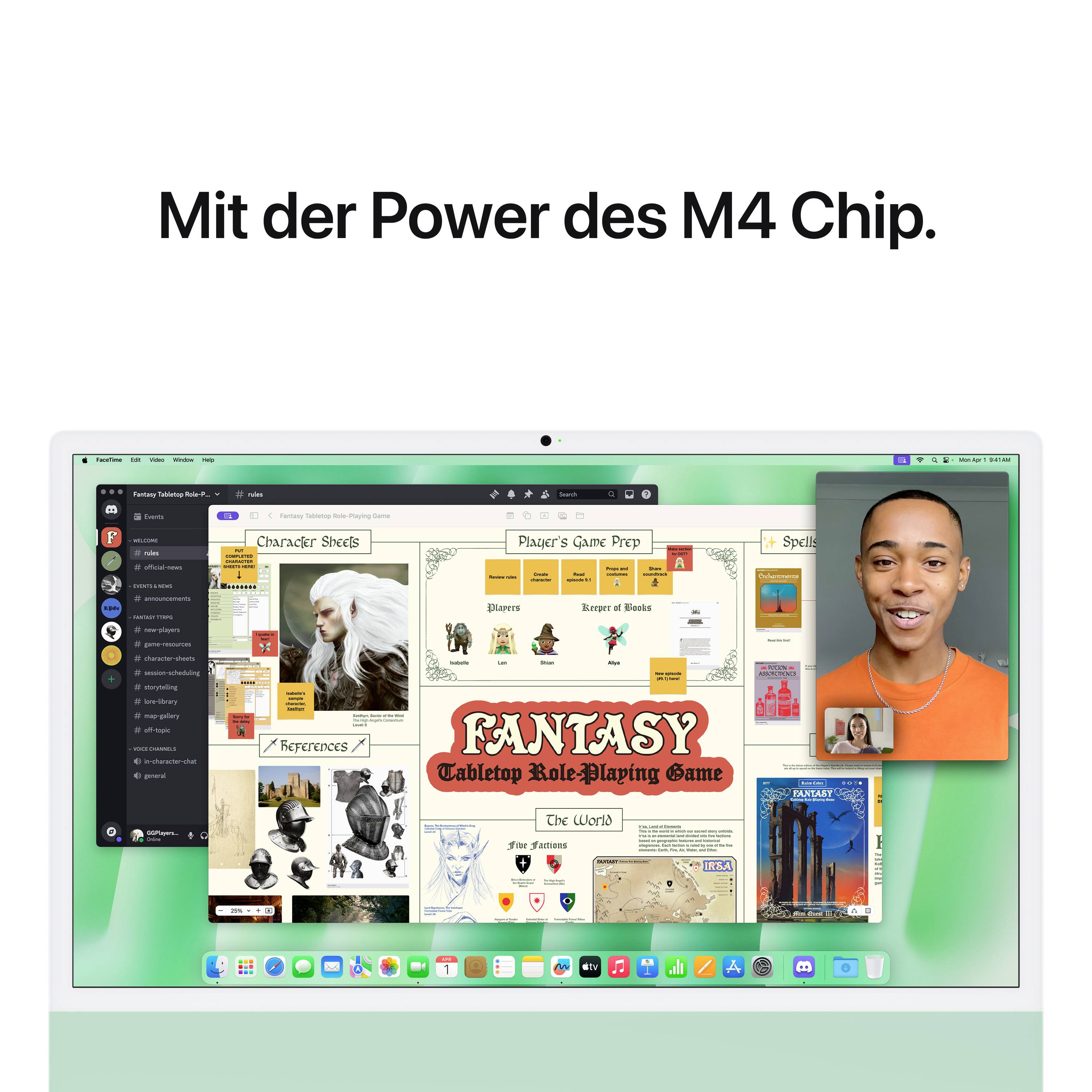 Ein Computerbildschirm zeigt ein "Fantasy Tabletop-Roleplaying Game" mit Illustrationen und Videoanruf-Funktion. Text: 'Mit der Power des M4 Chip'.