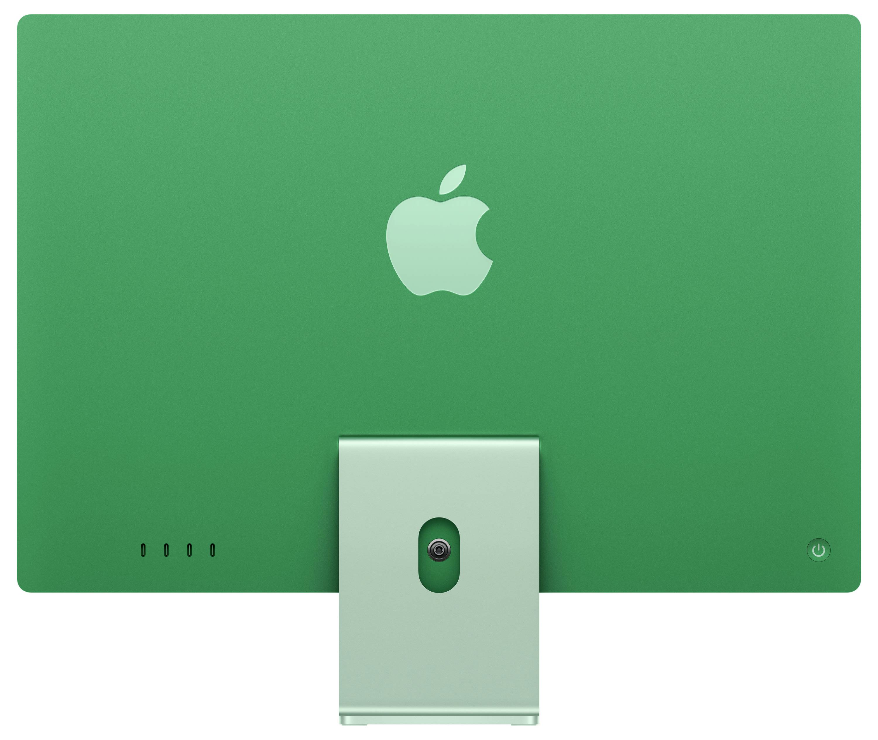 Rückansicht eines grünen Desktop-Computers mit Apfel-Logo in der Mitte. Der Standfuß ist zentral platziert und der Bildschirm ist schlank.