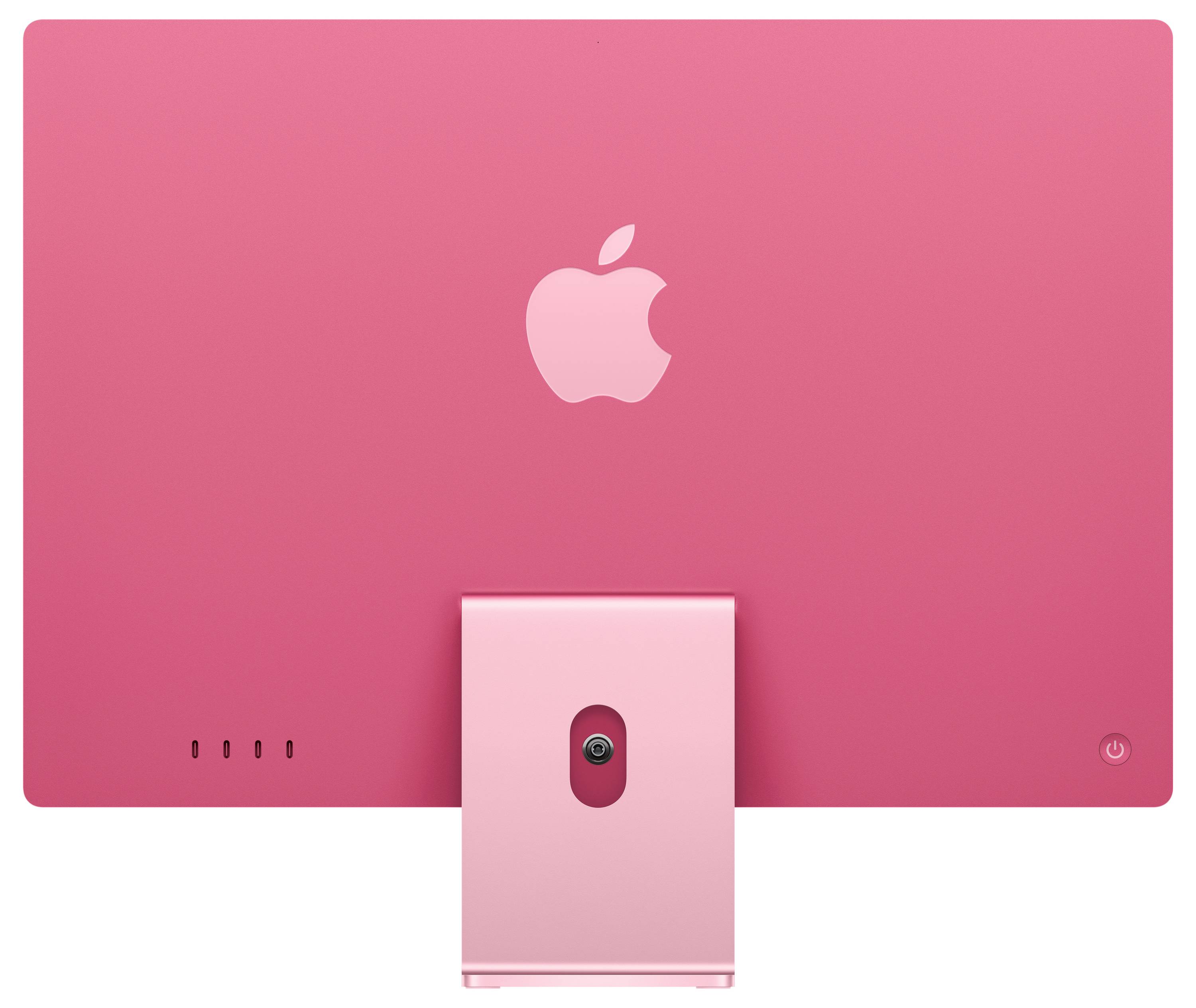 Rückseite eines pinkfarbenen Computers mit einem Apfel-Logo. Der Standfuß ist ebenfalls pink. Links sind einige Anschlüsse erkennbar.