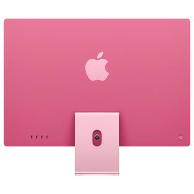 Rückseite eines pinkfarbenen Computers mit einem Apfel-Logo. Der Standfuß ist ebenfalls pink. Links sind einige Anschlüsse erkennbar.