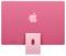 Rückseite eines pinkfarbenen Computers mit einem Apfel-Logo. Der Standfuß ist ebenfalls pink. Links sind einige Anschlüsse erkennbar.