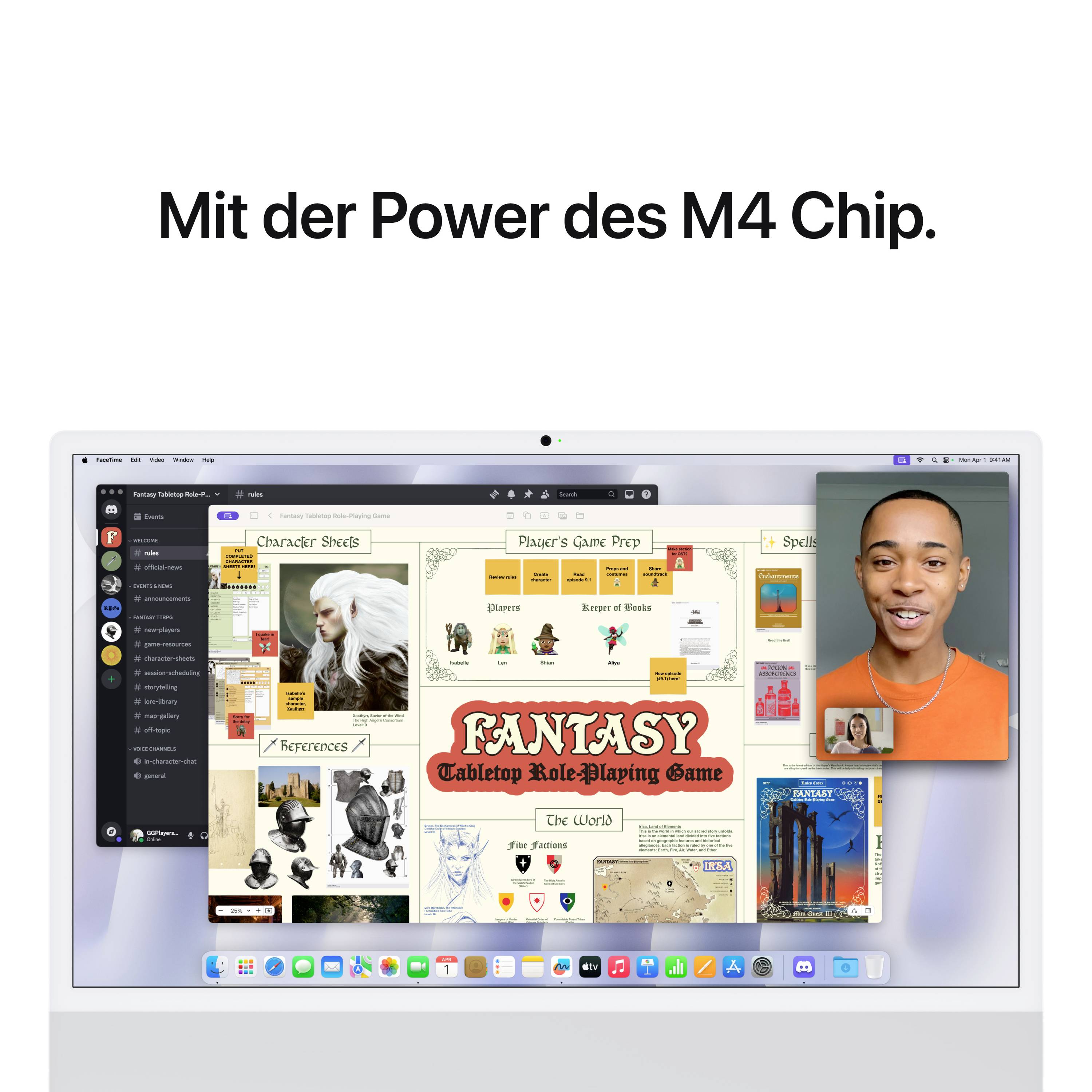 Ein Computerbildschirm zeigt eine Fantasy-Rollenspiel-Anwendung und eine Videokonferenz mit zwei Personen. Text: 'Mit der Power des M4 Chip.'