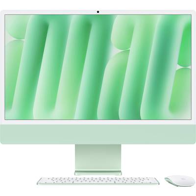 Ein grüner Desktop-Computer mit Tastatur und Maus, auf dessen Bildschirm ein abstrakter grüner Hintergrund zu sehen ist.