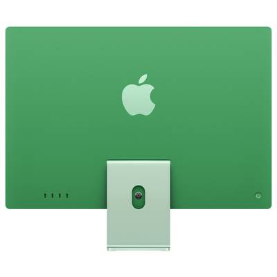 Grüner iMac von hinten mit Apple-Logo und Standfuß sichtbar.