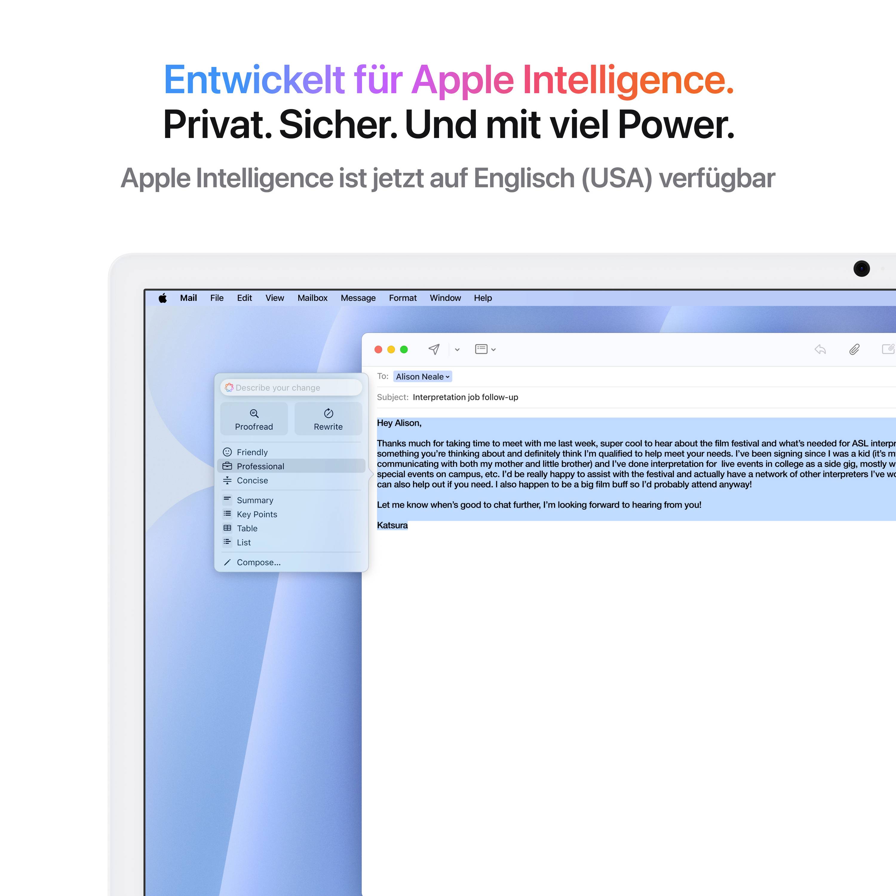 Ein geöffneter Laptop zeigt eine App mit einer Nachrichtenansicht. Oben steht 'Entwickelt für Apple Intelligence' in bunten Buchstaben.