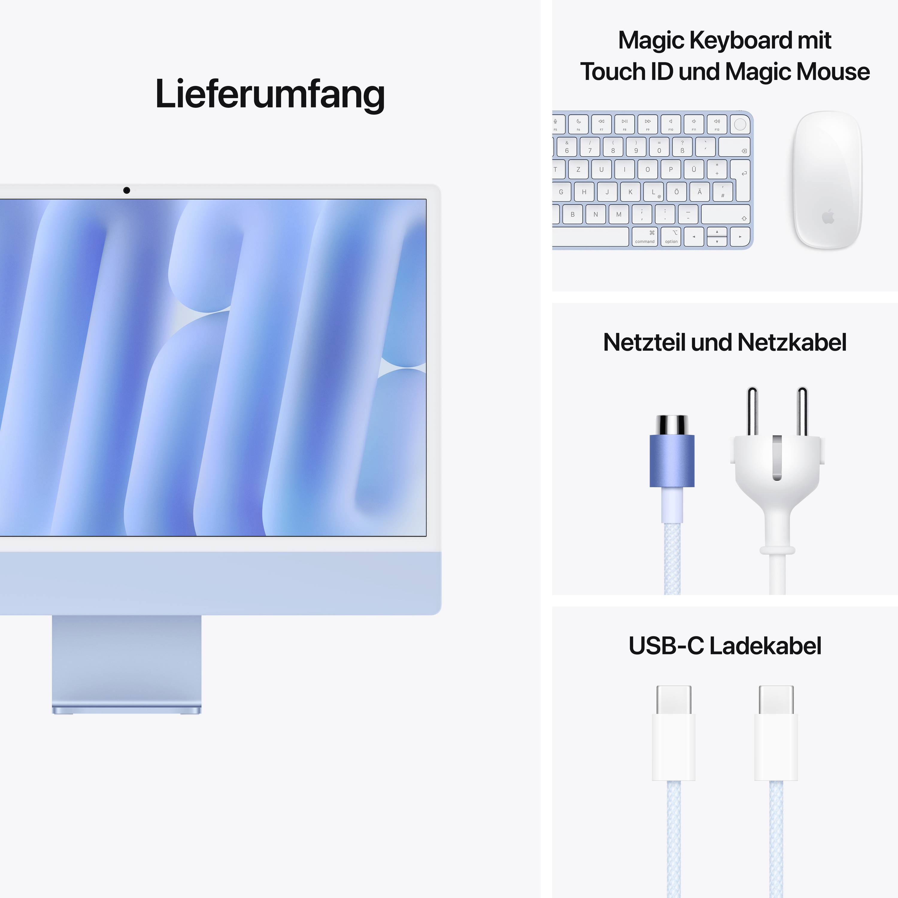Ein Desktop-Computer mit Bildschirm. Rechts sind Zubehörteile: Magic Keyboard, Magic Mouse, Netzteil mit Kabel und USB-C Ladekabel.