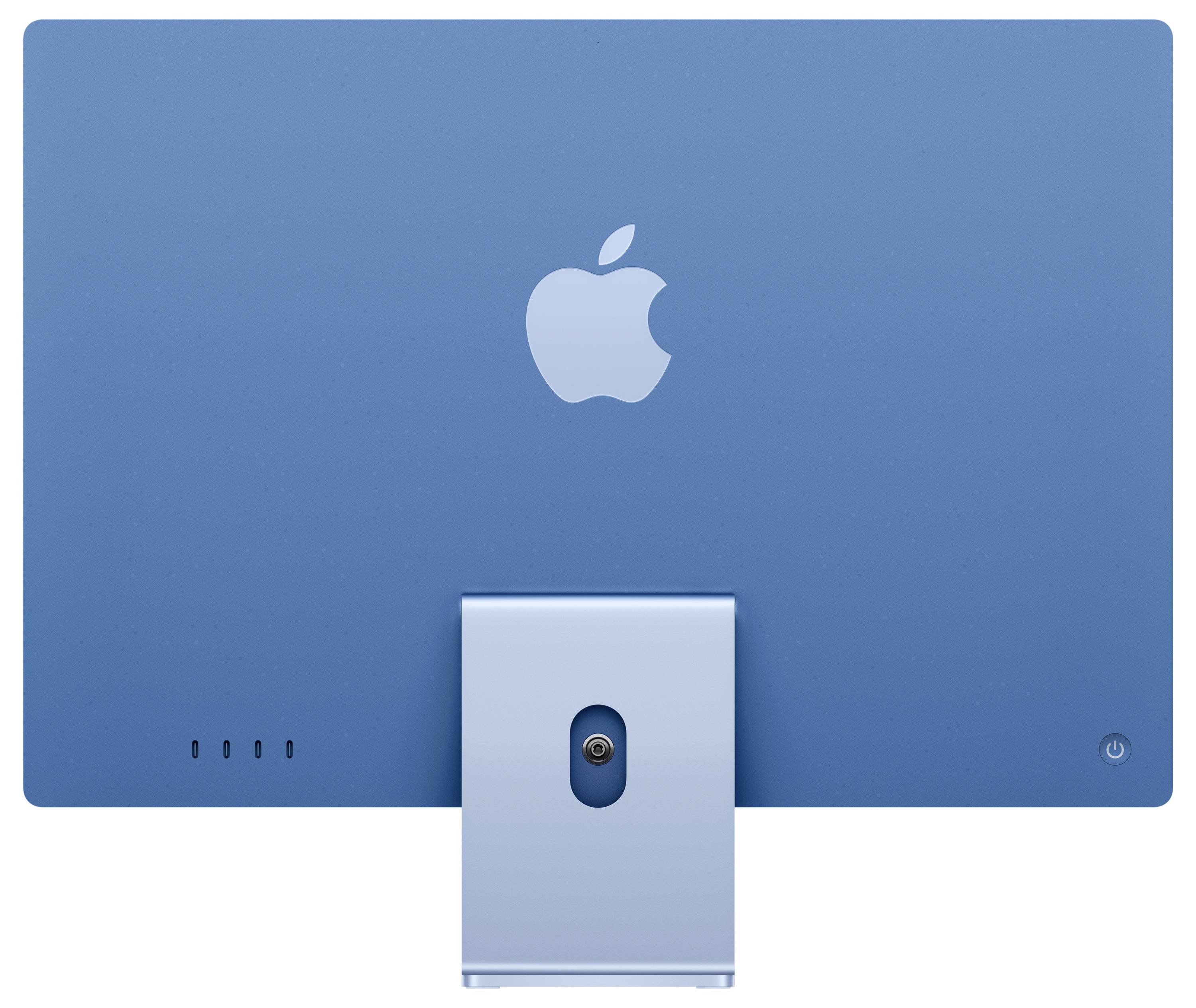 Ein blauer Computer-Monitor mit einem Apfel-Logo auf der Rückseite und einem stabilen Standfuß.