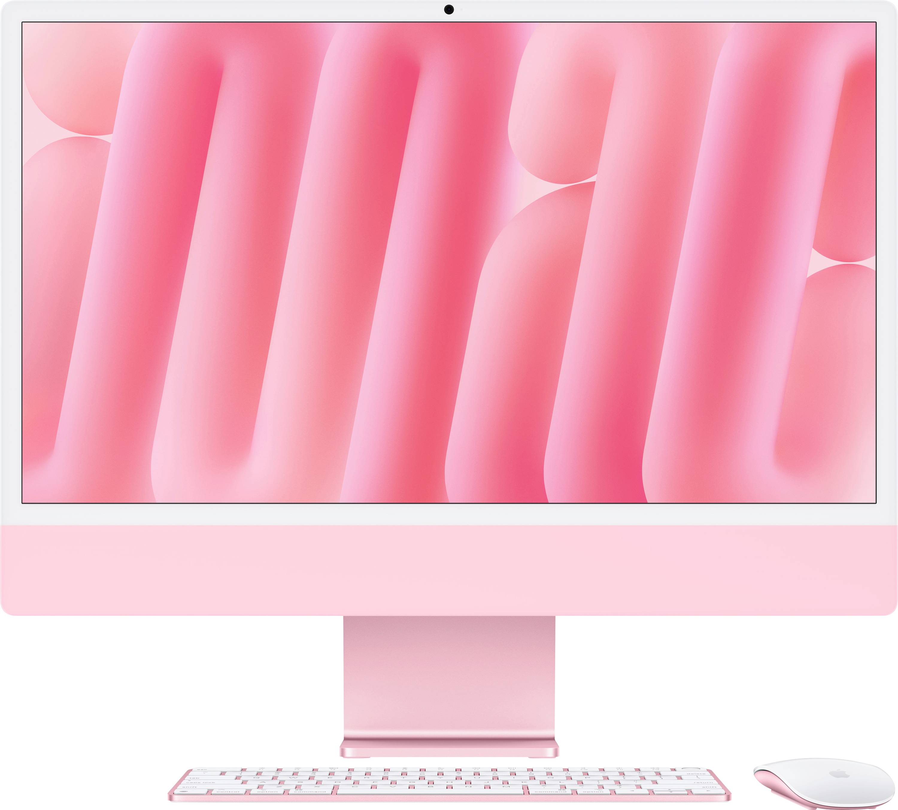 Ein pinker Desktop-Computer mit Tastatur und Maus auf weißem Hintergrund. Der Bildschirm zeigt ein abstraktes pinkes Design.