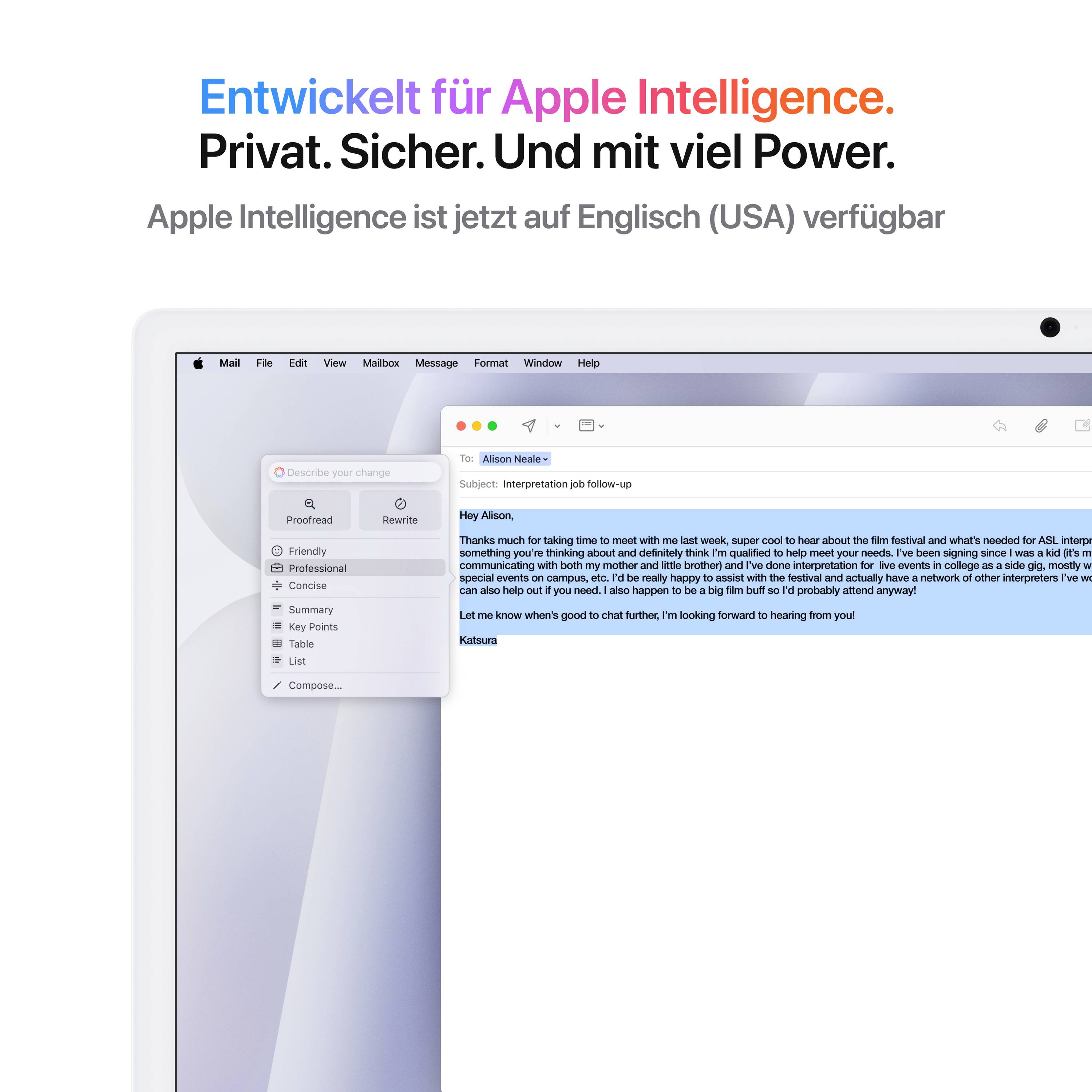 Ein Computerbildschirm zeigt eine E-Mail-Anwendung. Text oben: 'Entwickelt für Apple Intelligence'. Darunter: 'Apple Intelligence ist jetzt auf Englisch (USA) verfügbar'.