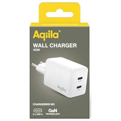 Verpackung eines Aqila Wandladegeräts, 45W, mit zwei USB-C-Anschlüssen und GaN-Technologie, Modell 'Chargebird W2', gelber Rand oben.