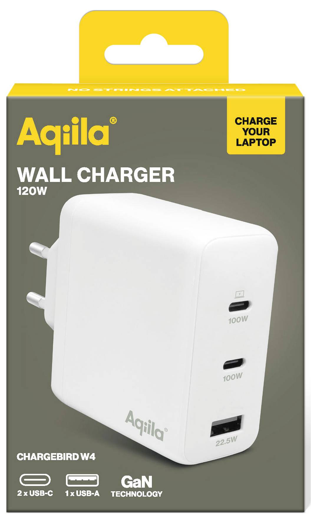 Weiße Wandladegerät-Box mit 'Aqiila' Marke. Details: 120W Leistung, 2 USB-C und 1 USB-A Ports. Für Laptop-Aufladung geeignet. GaN-Technologie.