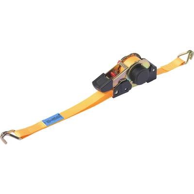 Ratschenspanngurt in leuchtendem Orange mit Metallhaken an beiden Enden, geeignet zur Sicherung von Lasten.