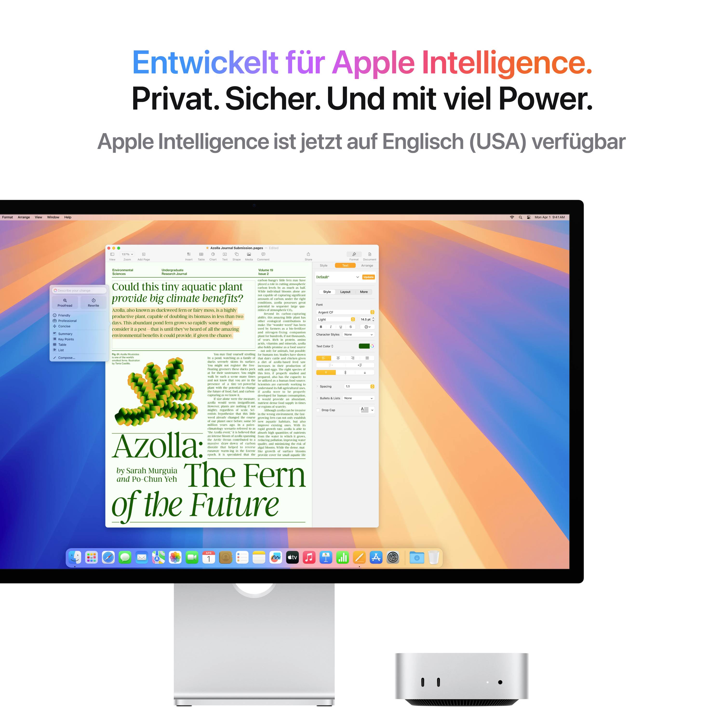 Ein Computermonitor zeigt eine geöffnete Textbearbeitungsanwendung mit dem Titel 'Azolla: The Fern of the Future'. Darunter ein kleiner Computer. Text oben informiert über "Apple Intelligence".