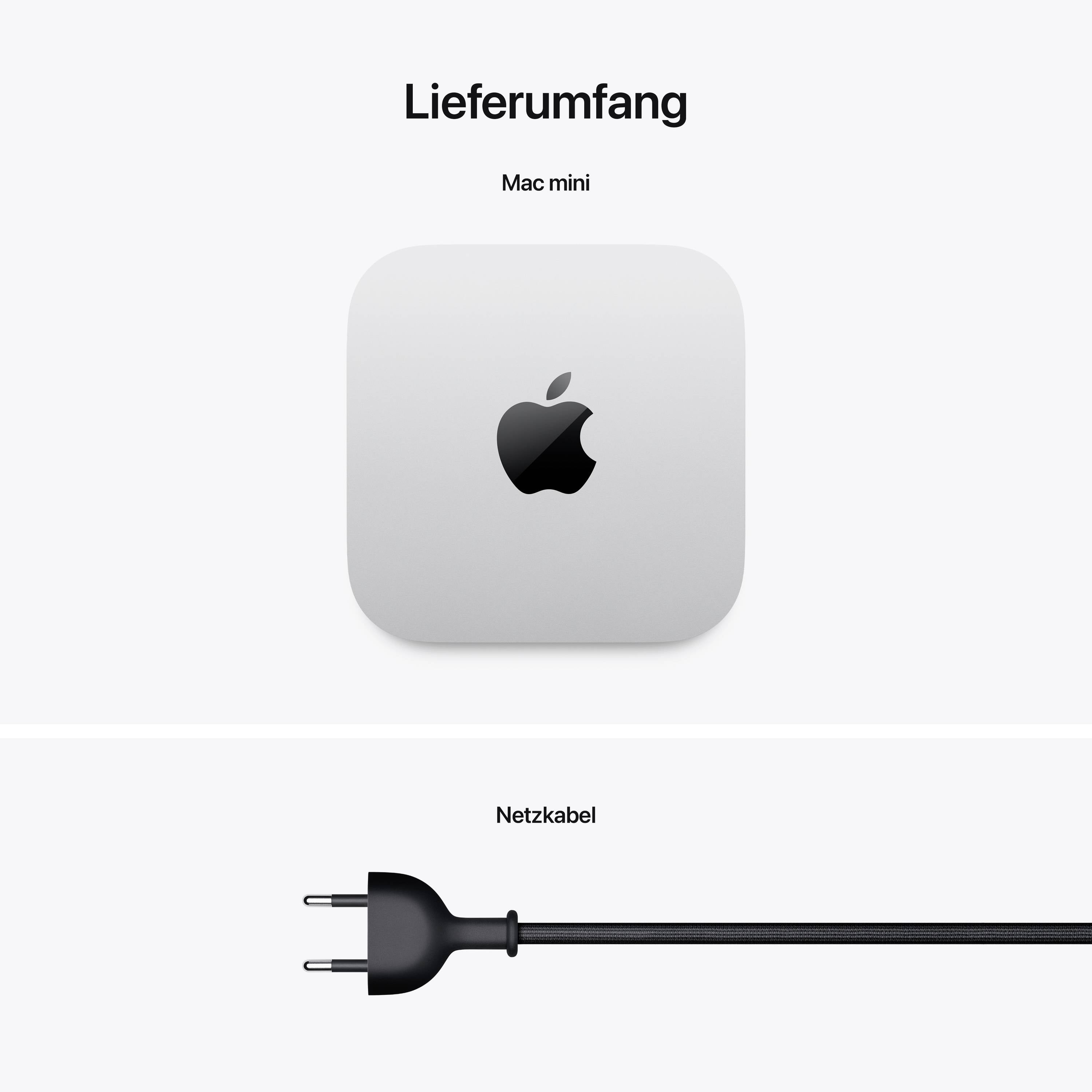 Der Lieferumfang enthält einen Mac mini und ein Netzkabel. Der Mac mini hat ein silbernes Gehäuse mit einem Apple-Logo.
