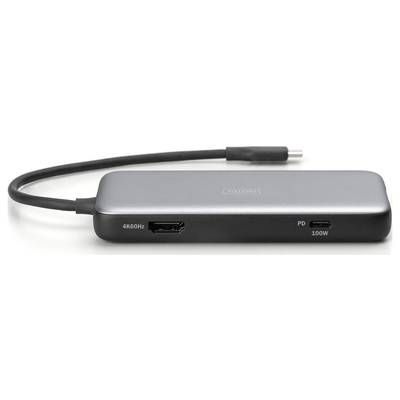 Grauer USB-C-Hub mit HDMI 4K60Hz- und USB-C PD 100W-Anschluss, für Verbindung mehrerer Geräte an einen Computer oder Laptop.