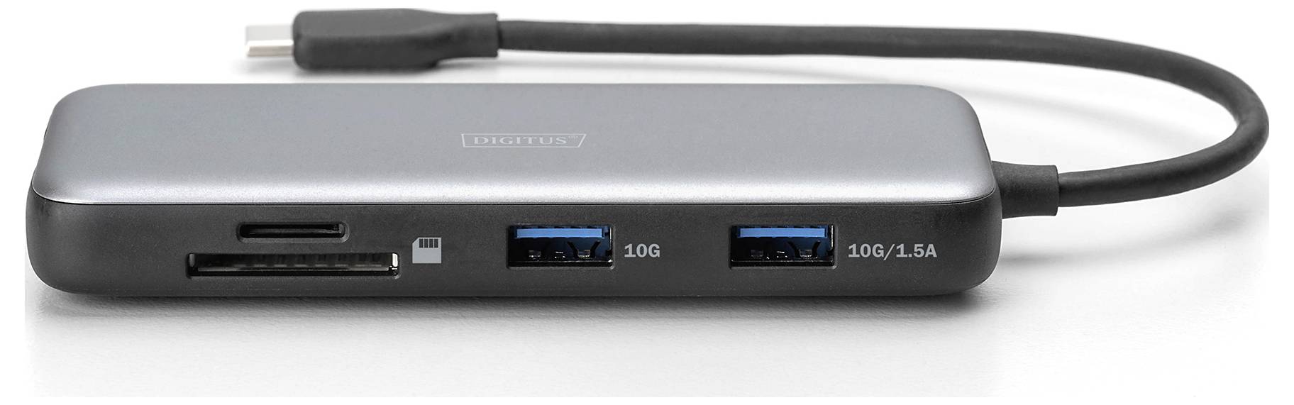 USB-C-Hub mit mehreren Anschlüssen, darunter USB 3.0 und SD-Karten-Slot, für Erweiterung von Anschlussmöglichkeiten bei Computern.