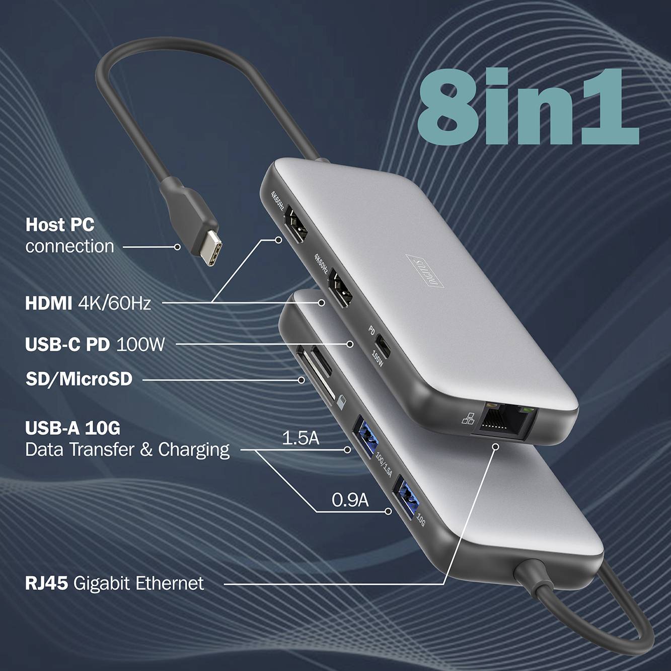 USB-C Hub mit 8 Anschlüssen: HDMI 4K/60Hz, USB-C PD 100W, SD/MicroSD, USB-A 10G, 1.5A Daten & Laden, RJ45 Gigabit Ethernet.