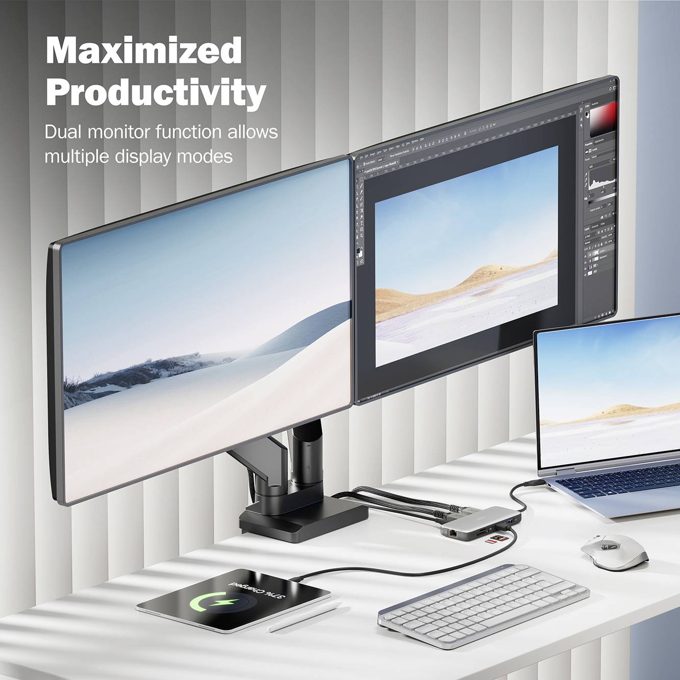 Zwei Monitor-Setup mit gezeigten Landschaftsbildern auf den Bildschirmen, ermöglicht vielseitige Anzeigeoptionen, Text: 'Maximized Productivity'.