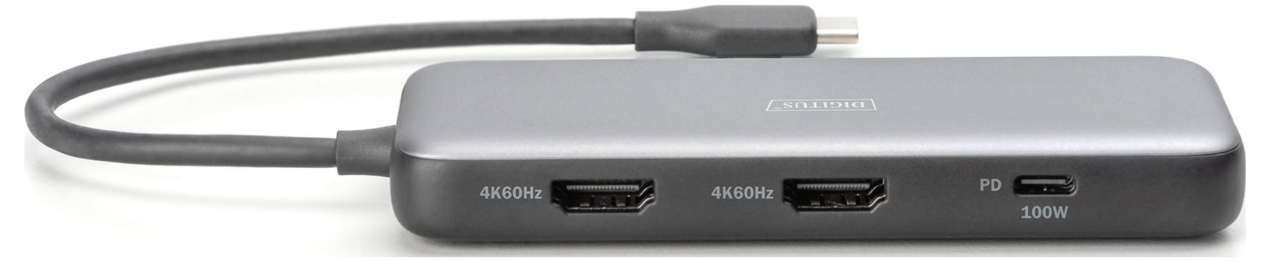 Ein grauer USB-C-Hub mit zwei HDMI-Anschlüssen und einem USB-C Power Delivery-Anschluss, geeignet für 4K-Videoübertragung.