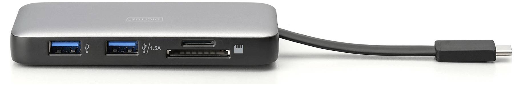 USB-C-Hub mit zwei USB 3.0-Anschlüssen, einem SD-Kartenleser und einem HDMI-Anschluss. Schwarzes Kabel auf der rechten Seite.