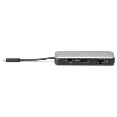 Ein schwarzer USB-C-Hub mit mehreren Anschlüssen: USB-C PD, HDMI, USB-A und Ethernet. Der Hub hat ein kurzes Kabel mit USB-C-Stecker.