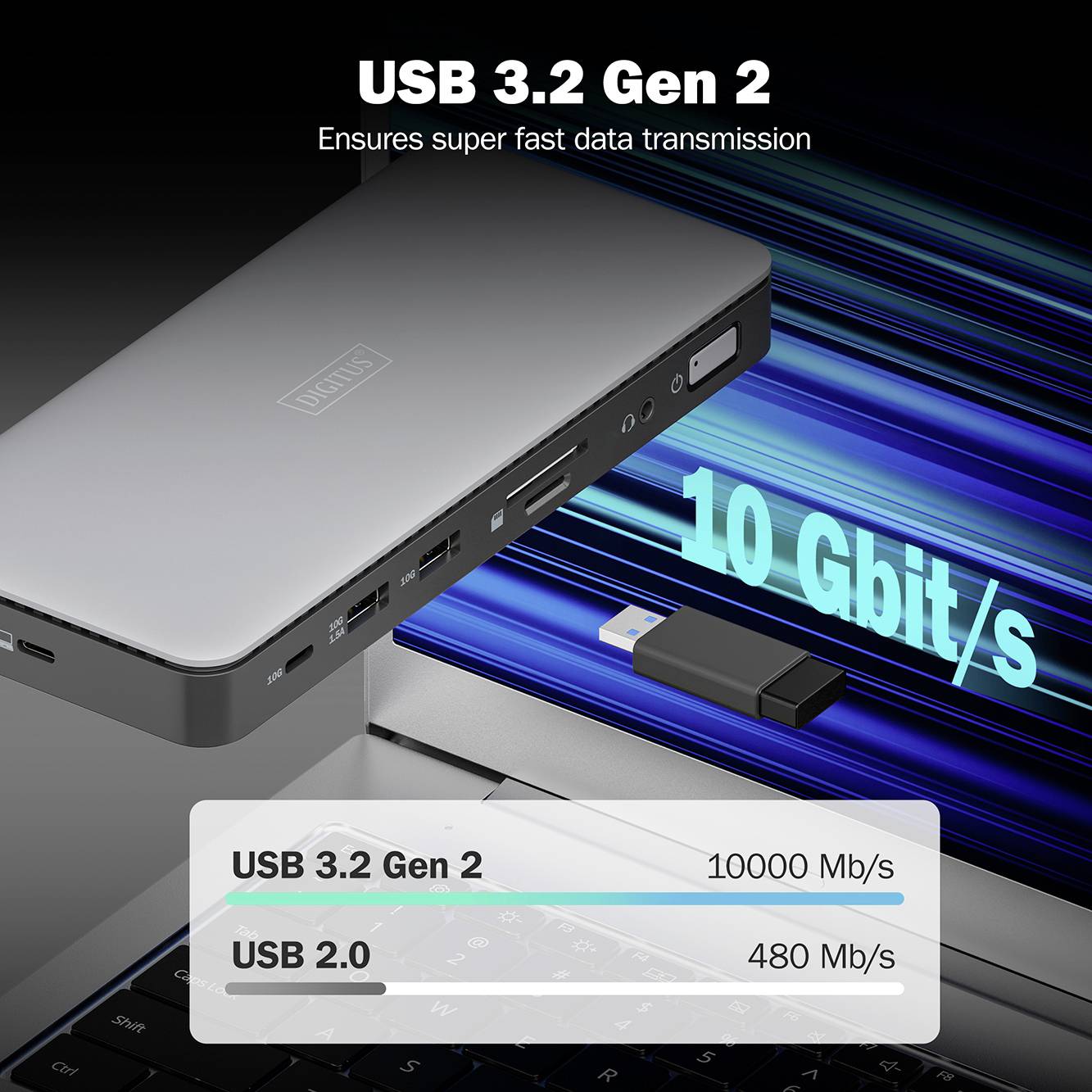 'USB 3.2 Gen 2'-Adapter auf Laptop zeigt hohe Übertragungsgeschwindigkeit von 10 Gbit/s im Vergleich zu USB 3.0 (5 Gbit/s) und 2.0 (480 Mbit/s).