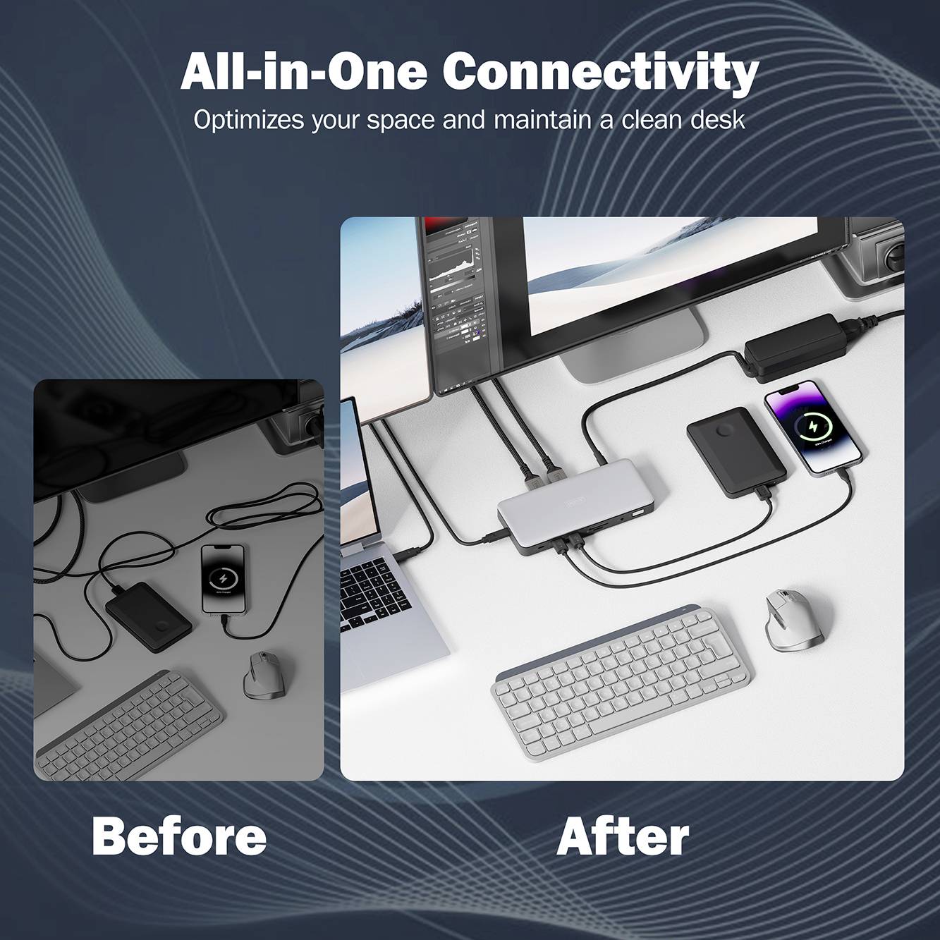 'All-in-One Connectivity': Vergleichsbild zeigt verbesserte Kabelorganisation und aufgeräumten Schreibtisch mit mehreren angeschlossenen Geräten.