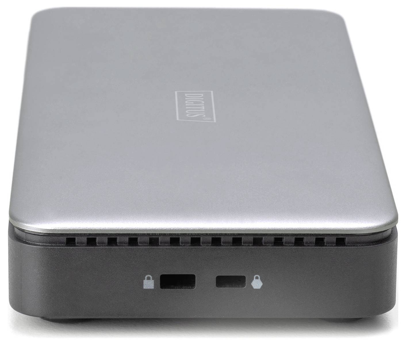 Externe Festplatte in silbernem Gehäuse mit zwei Leuchten an der Vorderseite. Sie zeigt Symbole für gesperrten und entsperrten Zustand.