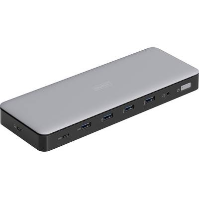 Externe silberne Dockingstation mit mehreren USB-Anschlüssen, einem Netzschalter und weiteren Anschlüssen für Peripheriegeräte.