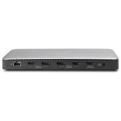 Rückseite einer Dockingstation mit mehreren Anschlüssen: USB, Ethernet, DisplayPort und Stromanschluss. Gerät ist von der Marke Kensington.