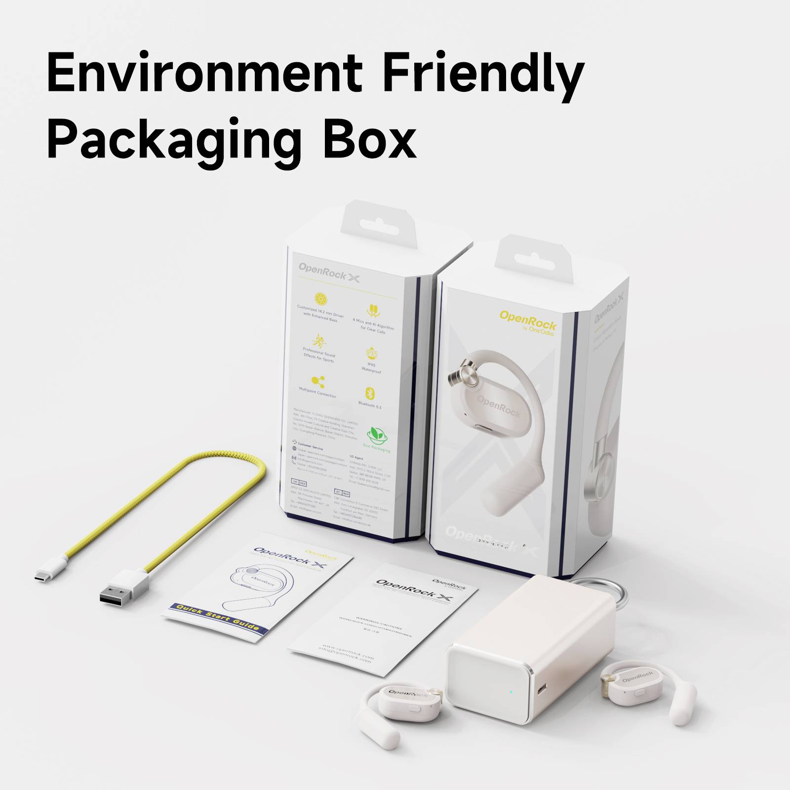 Verpackung eines kabellosen Ohrhörersets mit 'Environment Friendly Packaging Box' in Großbuchstaben. Zubehör und Anleitungen sichtbar.