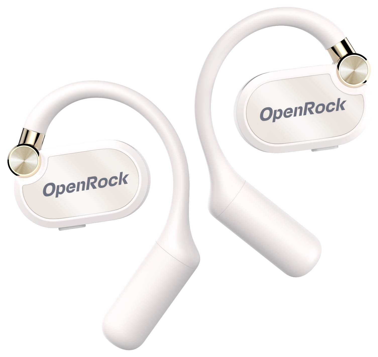 Zwei drahtlose, weiße Ohrhörer mit dem Logo 'OpenRock', geschwungenem Design und goldenen Elementen, nebeneinander dargestellt.