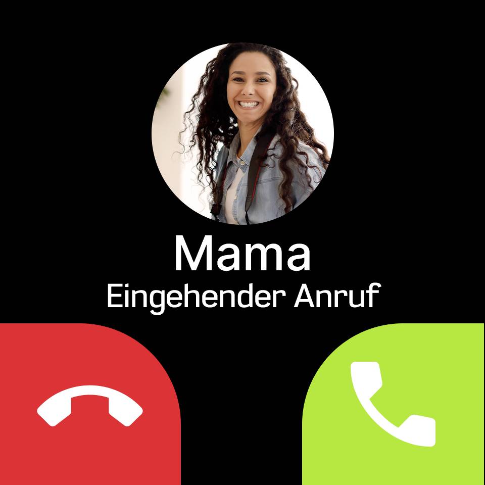 'Smartphone-Anzeige zeigt einen eingehenden Anruf von Mama an. Grüner Knopf, um anzunehmen, roter Knopf, um abzulehnen.'