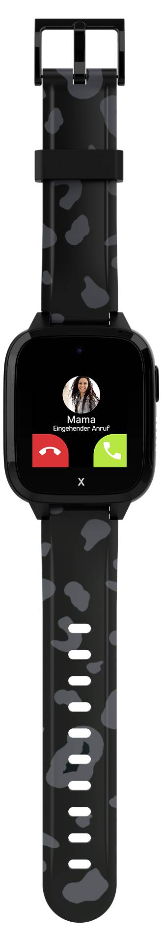 Eine schwarze Smartwatch mit einem dunkel gemusterten Armband zeigt einen eingehenden Anruf auf dem Bildschirm mit roten und grünen Tasten.