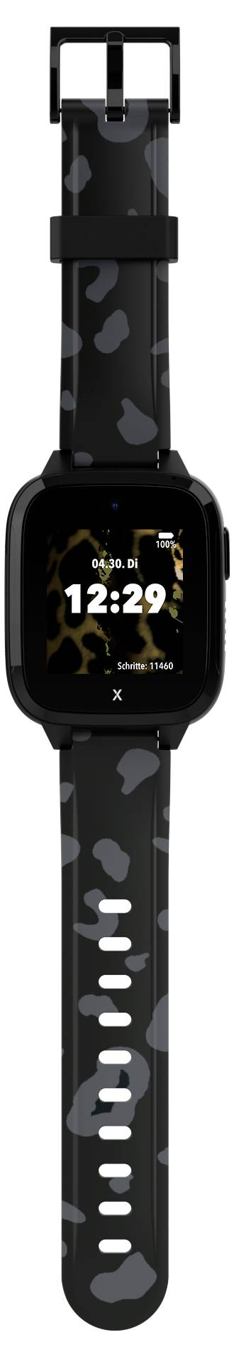 Schwarze Smartwatch mit gemustertem Armband und digitaler Anzeige 12:29. Hintergrundmotiv auf dem Display ist ein Leopardenmuster.