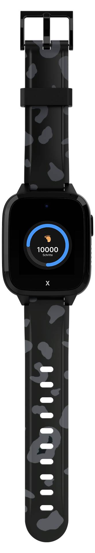Eine schwarze Smartwatch mit getarntem Armband zeigt 10.000 Schritte in einem Kreisdiagramm auf dem Bildschirm.