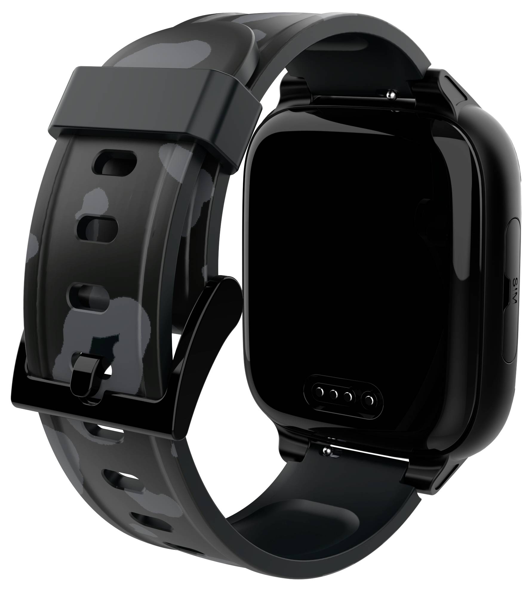 Eine schwarze Smartwatch mit breitem Armband und dunklem Digitaldisplay, ohne sichtbaren Text oder Anzeige.