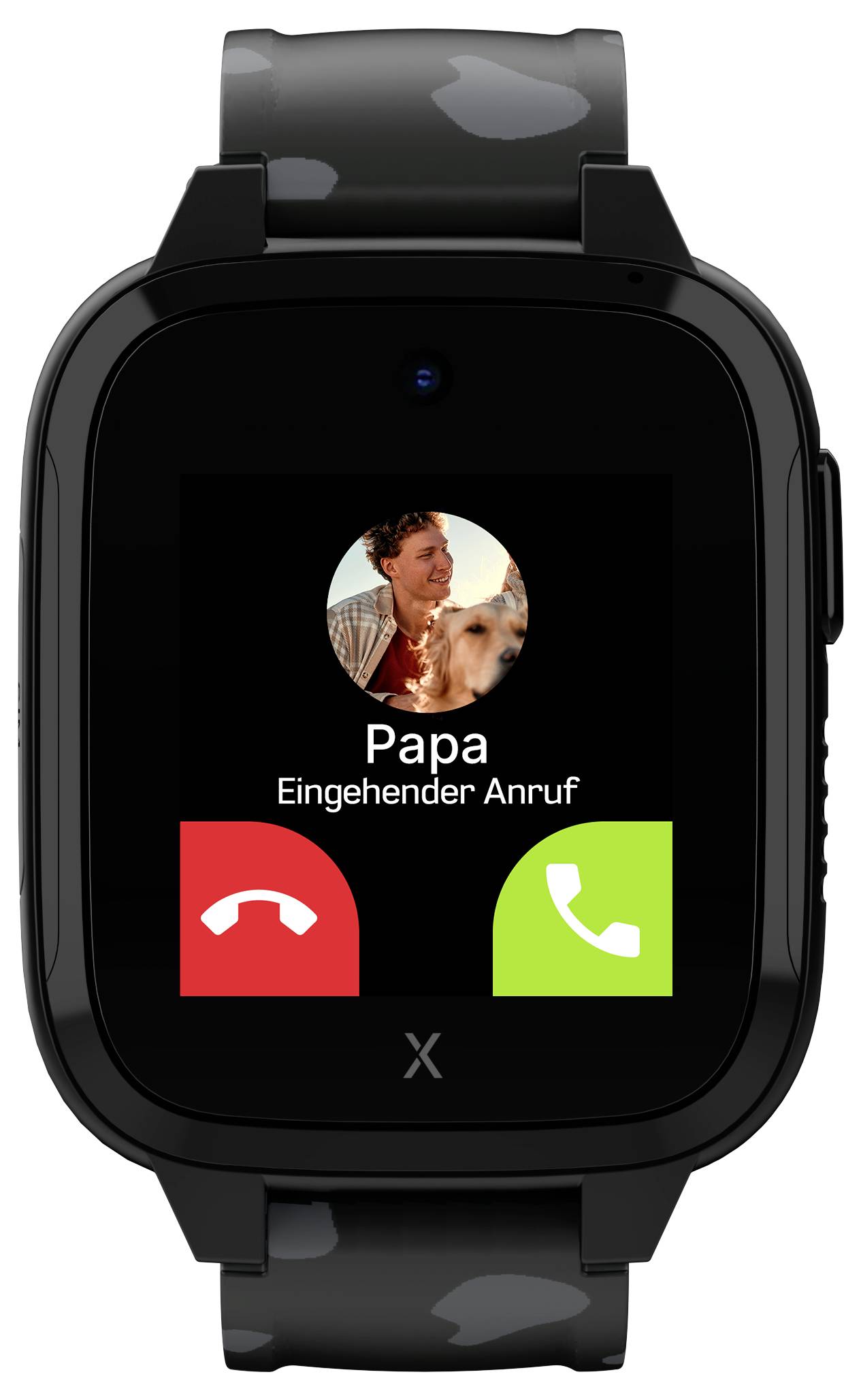 Schwarze Smartwatch zeigt einen eingehenden Anruf von 'Papa' mit Annahme- und Ablehn-Schaltflächen.