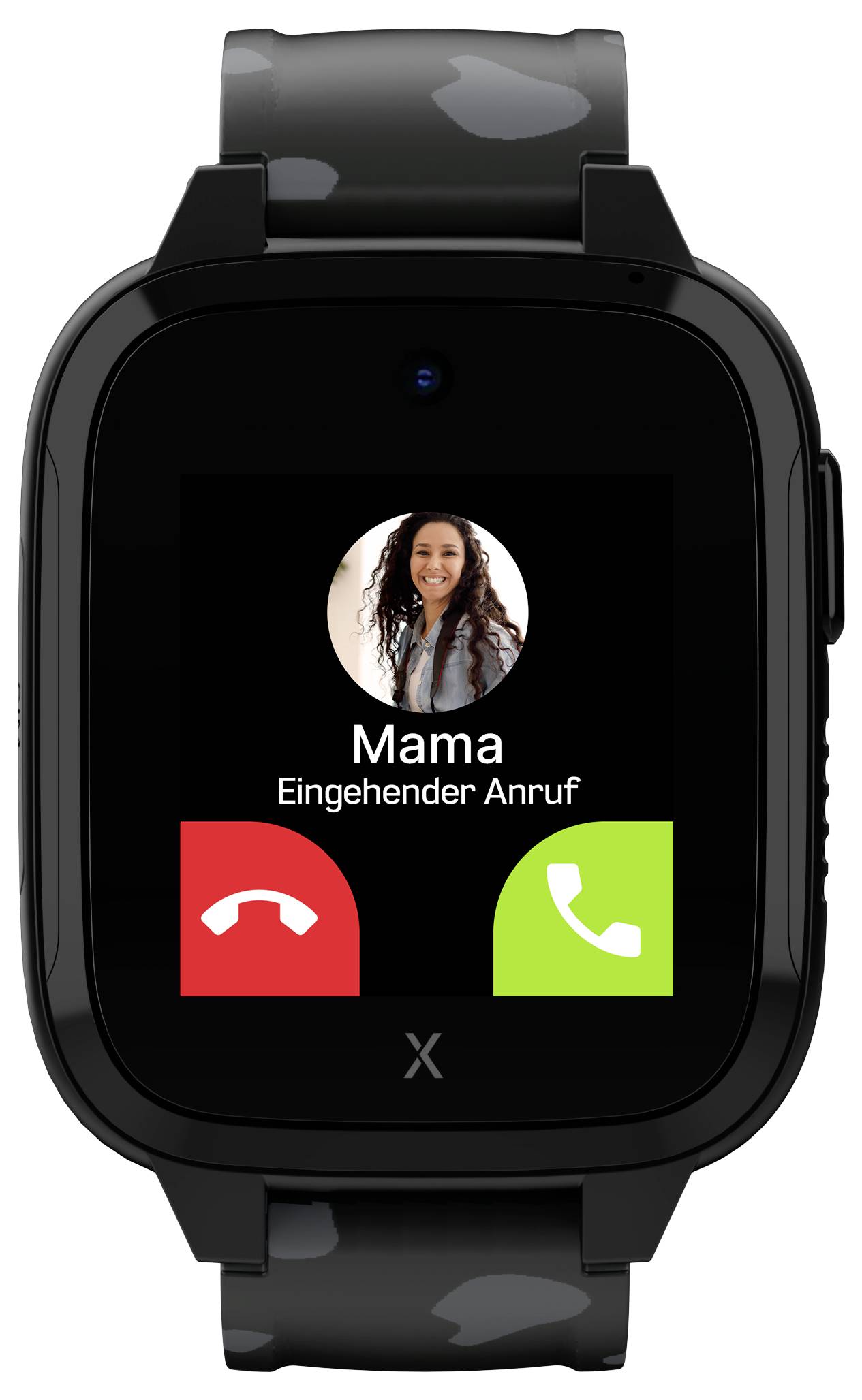 Schwarze Smartwatch mit eingehendem Anruf von 'Mama'. Roter Button zum Ablehnen, grüner Button zum Annehmen des Anrufs.