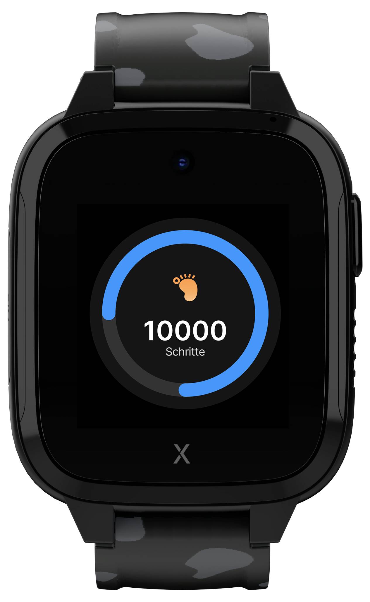 Schwarze Smartwatch zeigt ein Display mit einem Schrittziel von 10.000 Schritten an und hat einen Fortschrittskreis in Blau.